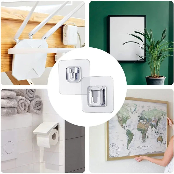 Ganchos de parede fixado com adesivos dupla face, forte, transparente, tipo ventosa ou ganchos. Pode ser usado na cozinha, banheiro, guarda roupa, armarios, Bancadas de trabalho, automovel. Suporte adaptavel para ferramentas, tomada, luz, e outros.